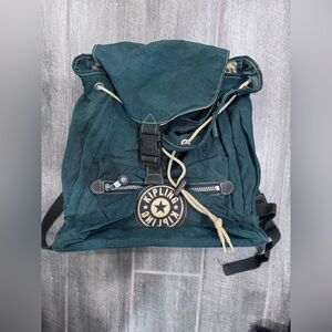 Vintage‎ KIPLING Medium Drawstring Green Nylon Backpack Book Bag Pack Bag